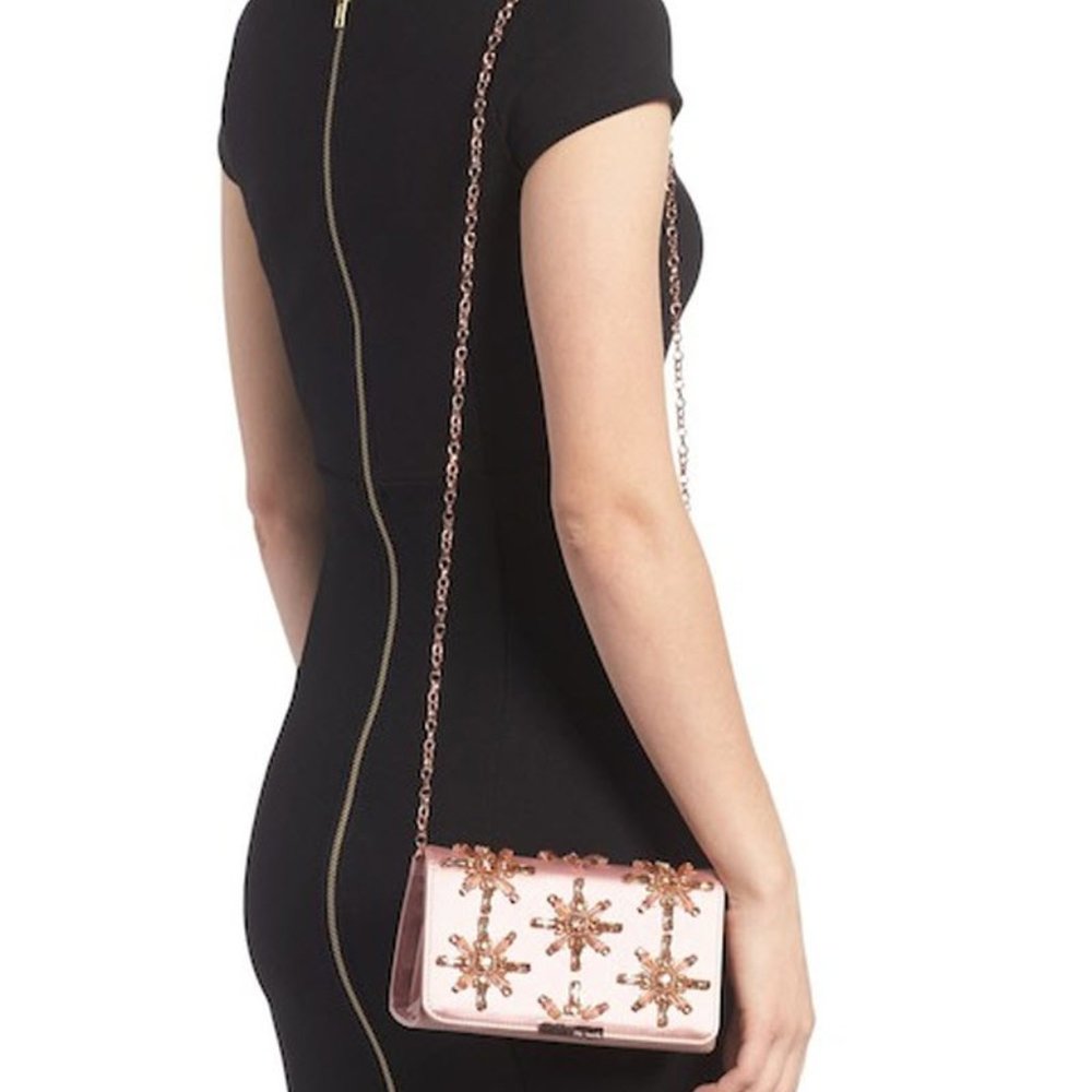 Ted Baker Clutch London Daveena Crystal Embellished Satin Metallic Pink Leather